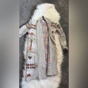 Light Gray Open Front Cardigan with Multicolor Aztec Accents